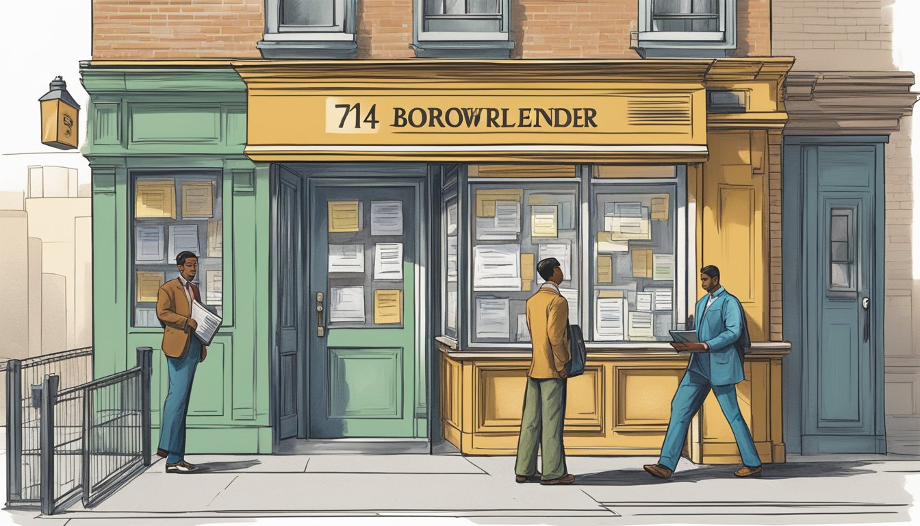 A borrower approaches a1 credit money lender's storefront, clutching documents and looking apprehensive. The lender's sign prominently displays their services, drawing the borrower's attention