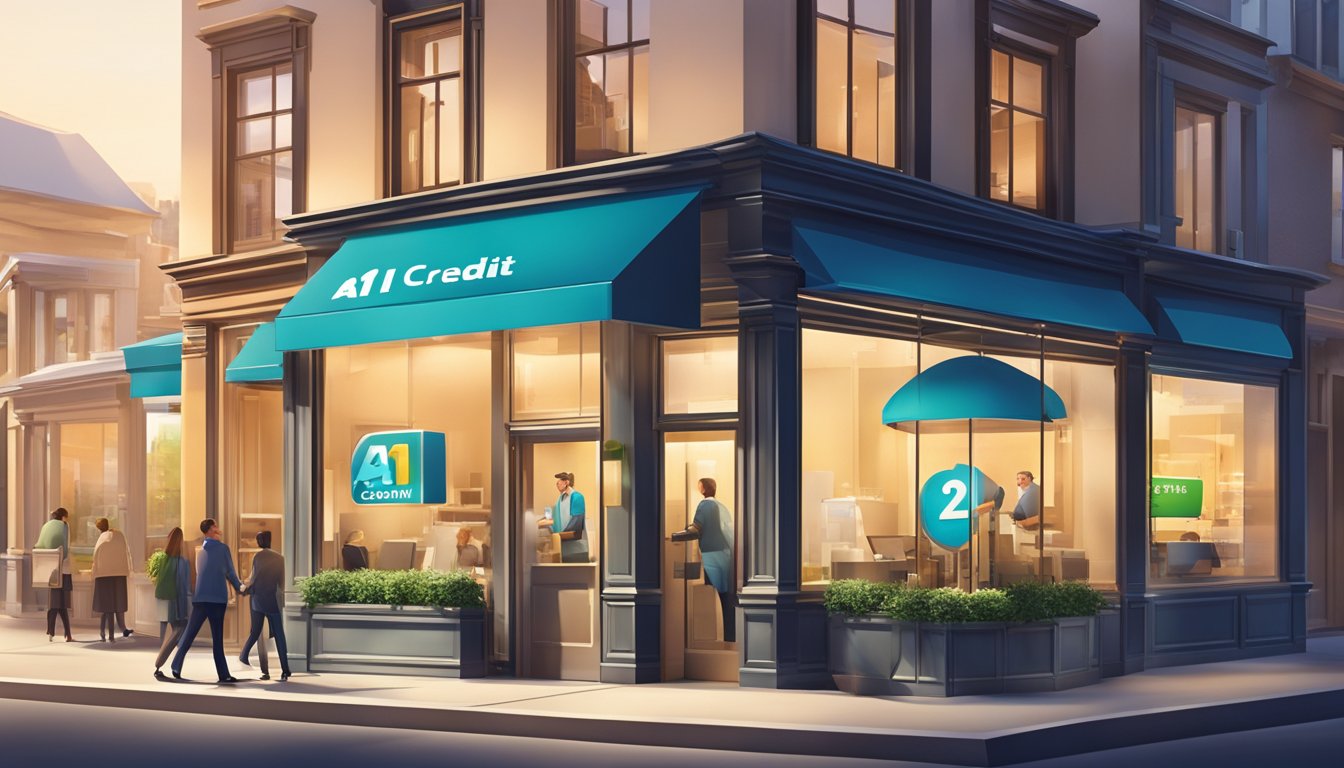 A1 credit money lender logo displayed on a clean, modern storefront. Bright lighting and welcoming atmosphere with a line of customers being served by friendly staff