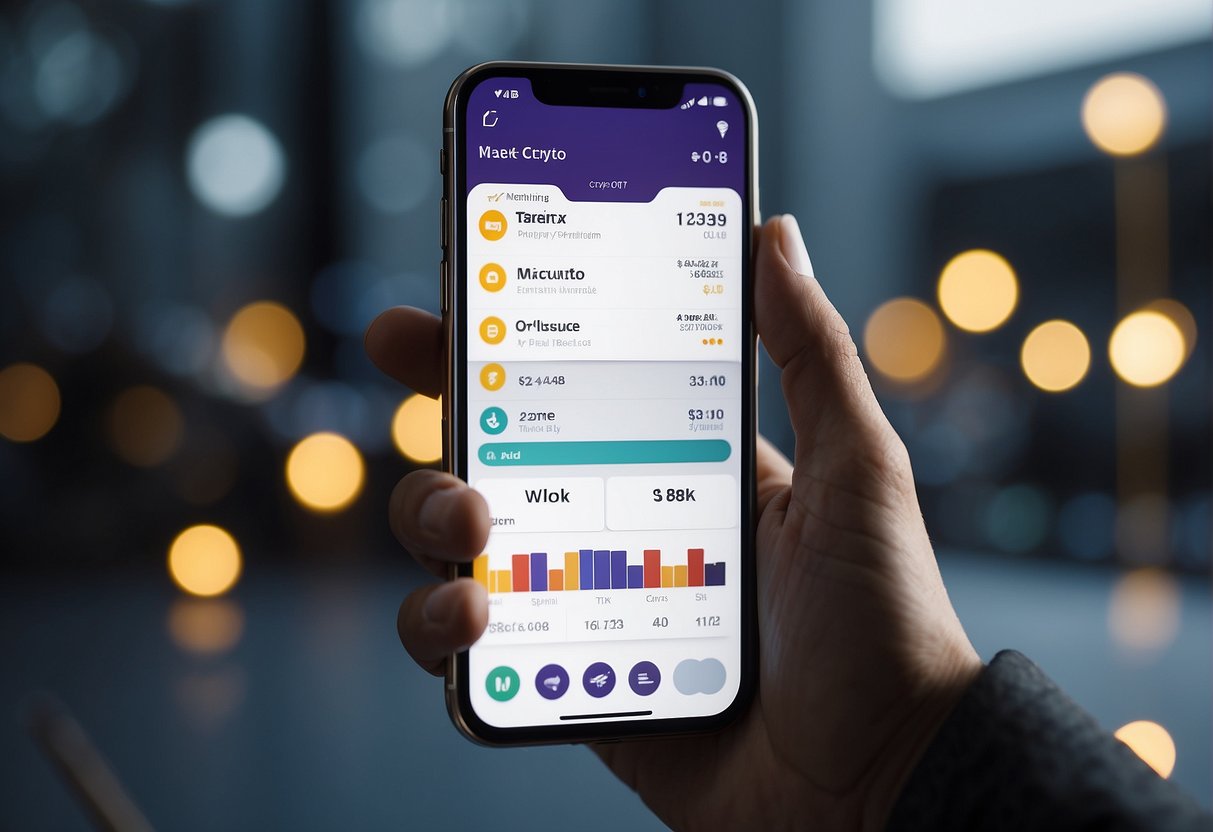 A user effortlessly navigates a simple crypto wallet interface on their smartphone, easily sending and receiving digital currency with just a few taps
