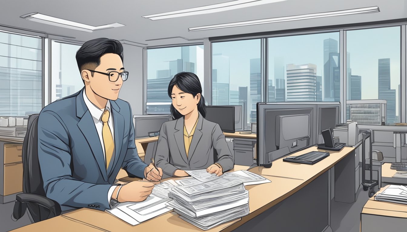 A money lender in Singapore explains loan terms to a customer in a professional office setting. The lender provides documents and discusses interest rates