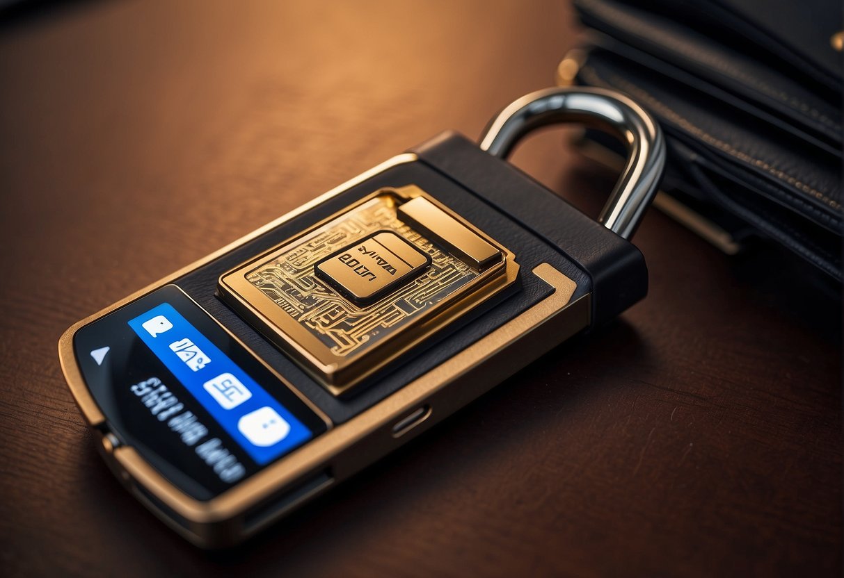 A sturdy lock secures a sleek crypto wallet, with a user-friendly interface for easy access and control