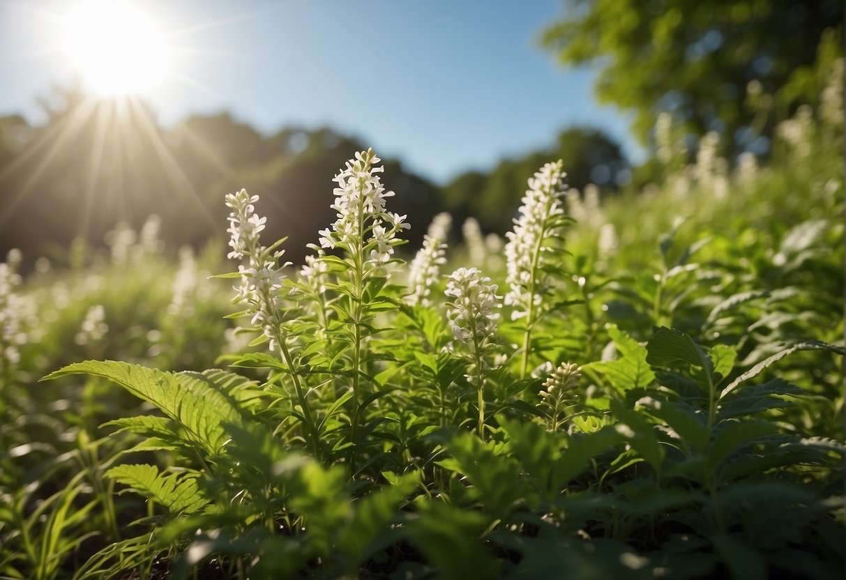 Lush green plants and flowers basking in the warm sunlight, with a backdrop of a clear blue sky and a gentle breeze