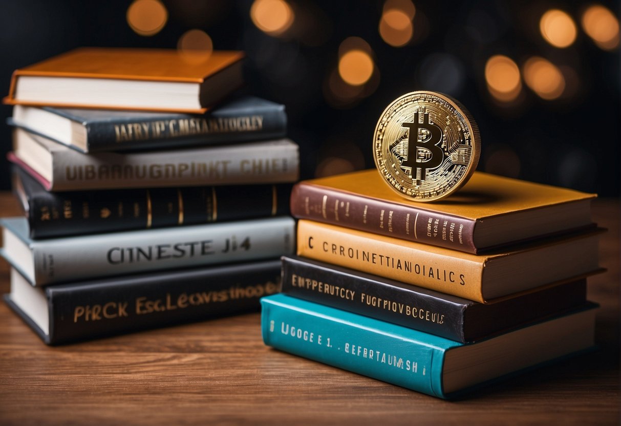 A stack of books on cryptocurrency trading, with "Understanding Cryptocurrency Fundamentals" prominently displayed on top