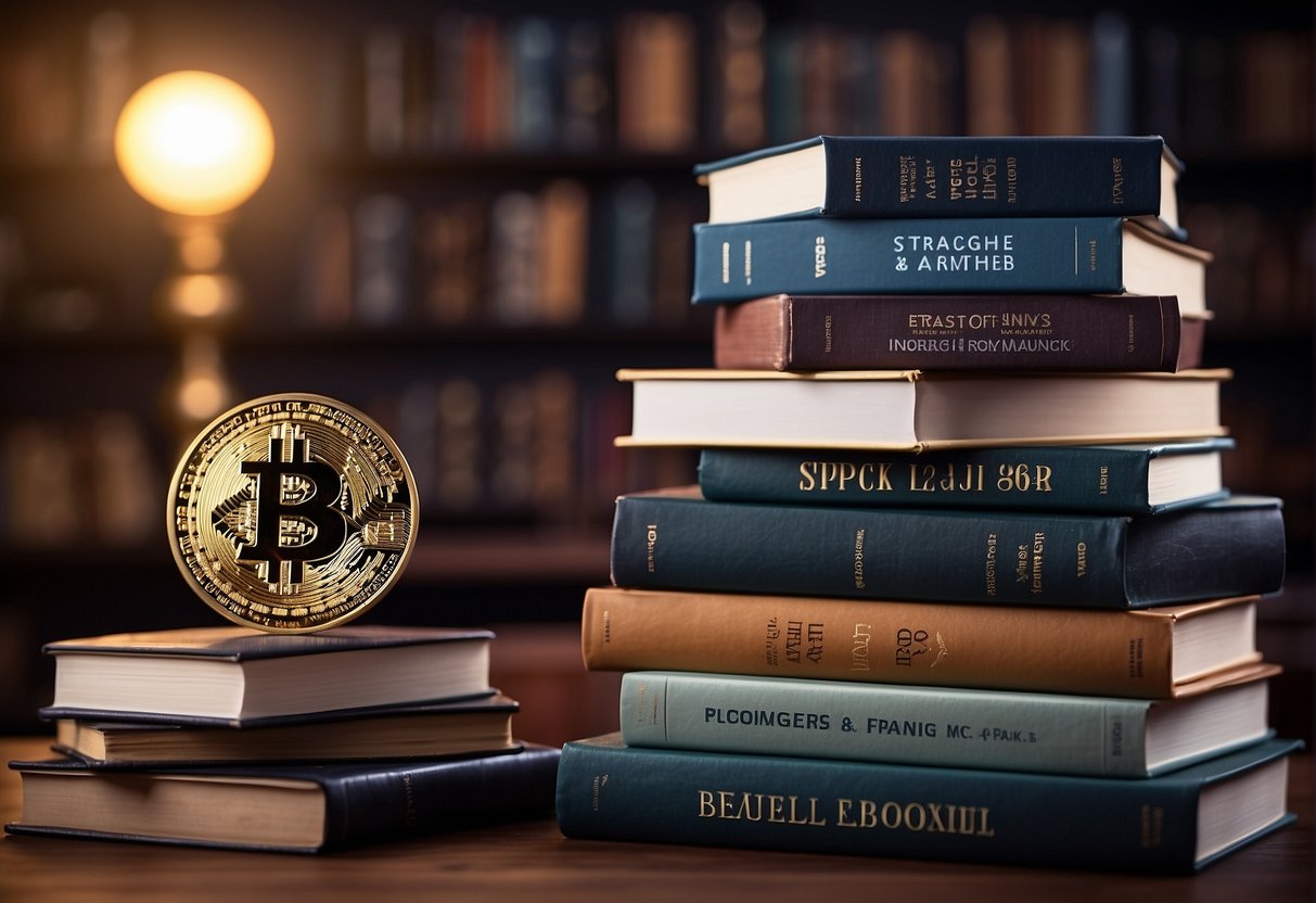 A stack of books on cryptocurrency trading and investing, with one book titled "Strategies for Trading and Investing" standing out prominently