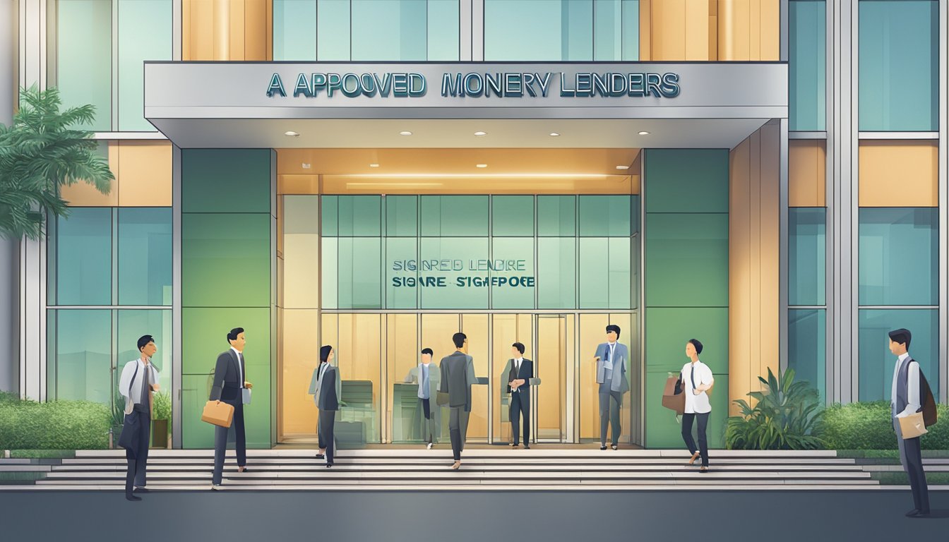 A sign displaying "Approved Money Lender Singapore" stands outside a modern office building, with people entering and exiting