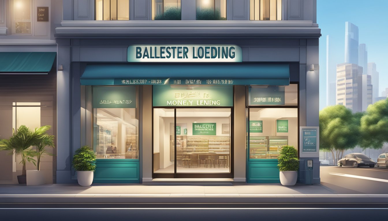A brightly lit storefront with a bold sign reading "Balestier Money Lending" above the entrance. The exterior is clean and modern, with a professional atmosphere