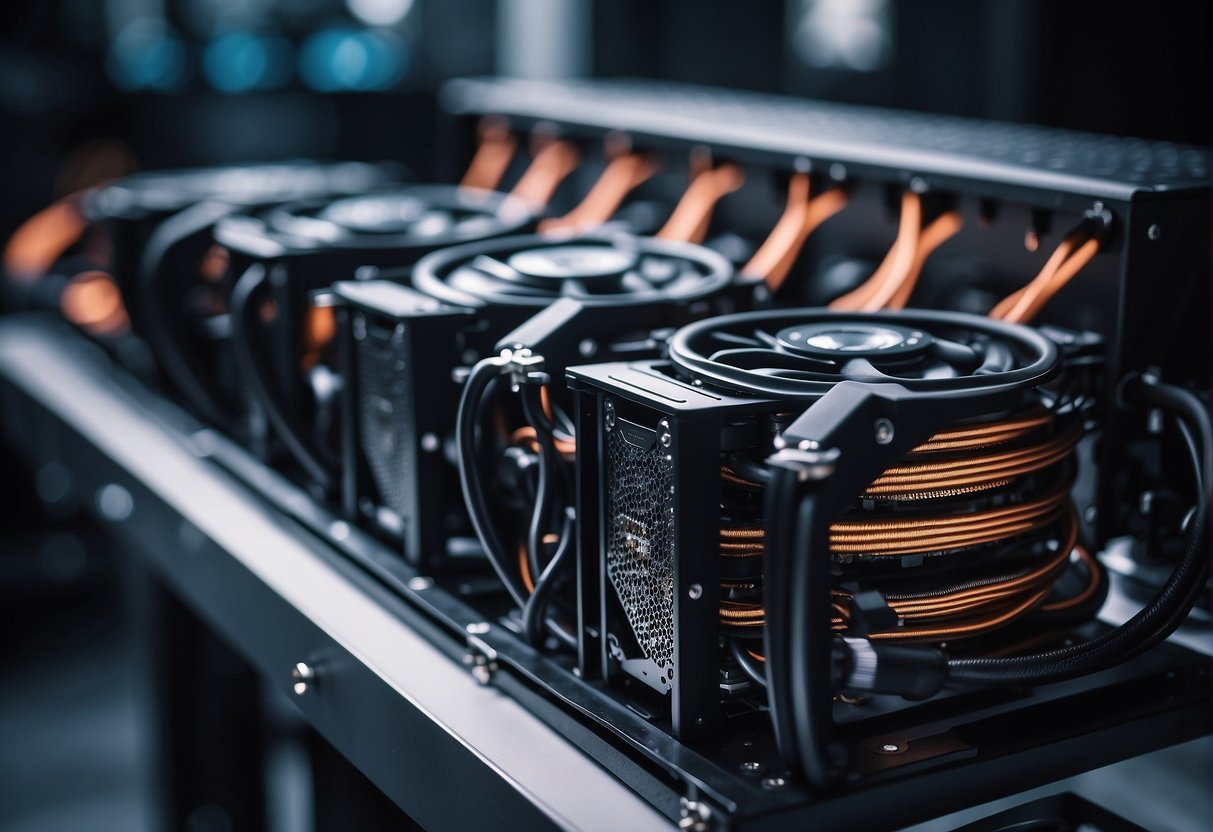 A GPU mining rig is being assembled, with multiple graphics cards and cooling fans installed. The rig is set up in a well-ventilated room, with cables neatly organized and connected to a power source