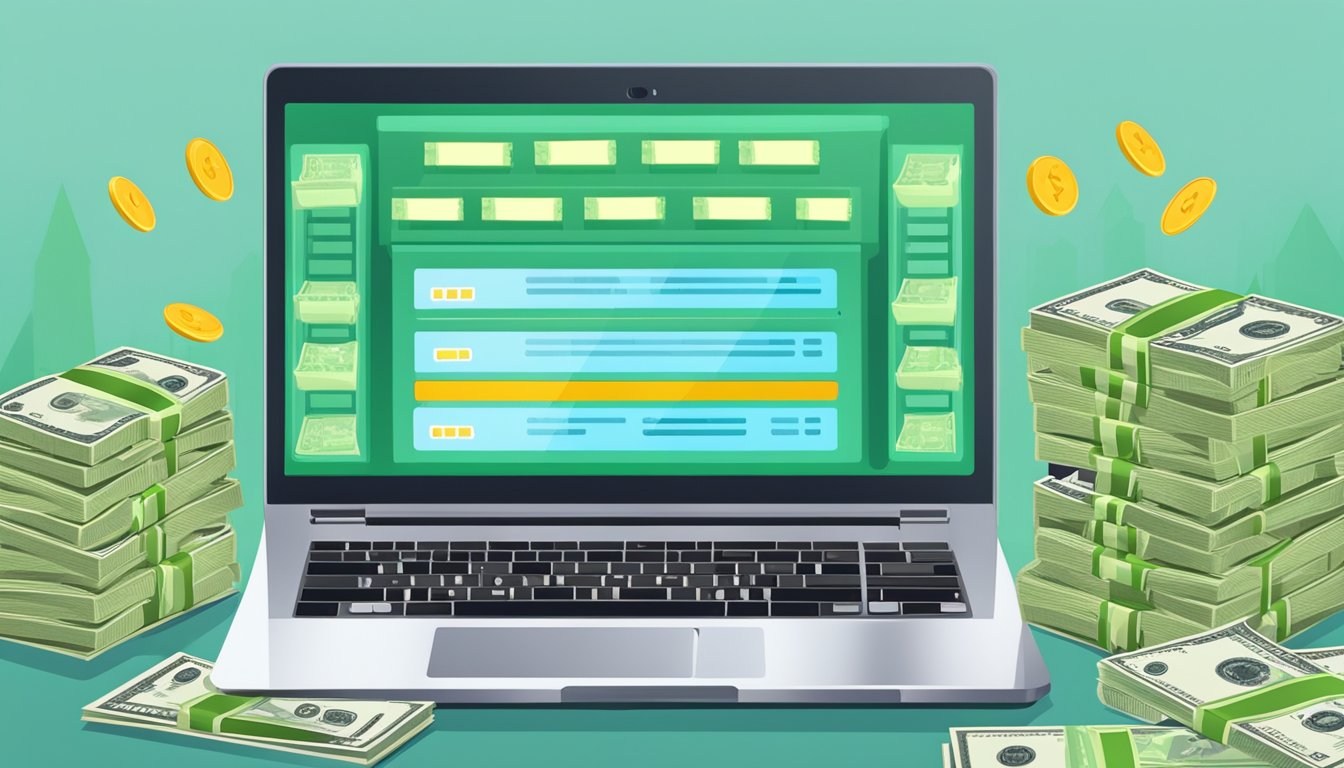 A laptop with a glowing screen displaying "best online money lenders" surrounded by stacks of cash and a calculator