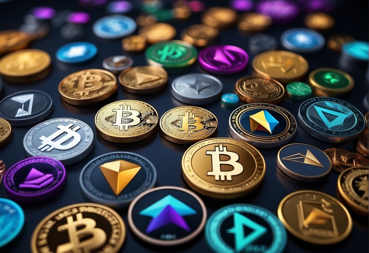 A group of diverse small cap cryptocurrency logos floating in space, with vibrant colors and modern designs