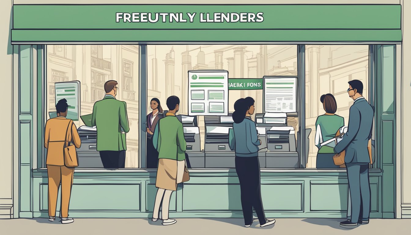 People line up at a bank teller window, holding forms and documents. A sign above reads "Frequently Asked Questions best online money lenders."
