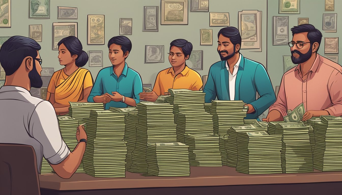 Indian money lenders in Singapore, sitting behind desks with stacks of currency, negotiating with clients. The room is filled with the sound of haggling and the smell of incense