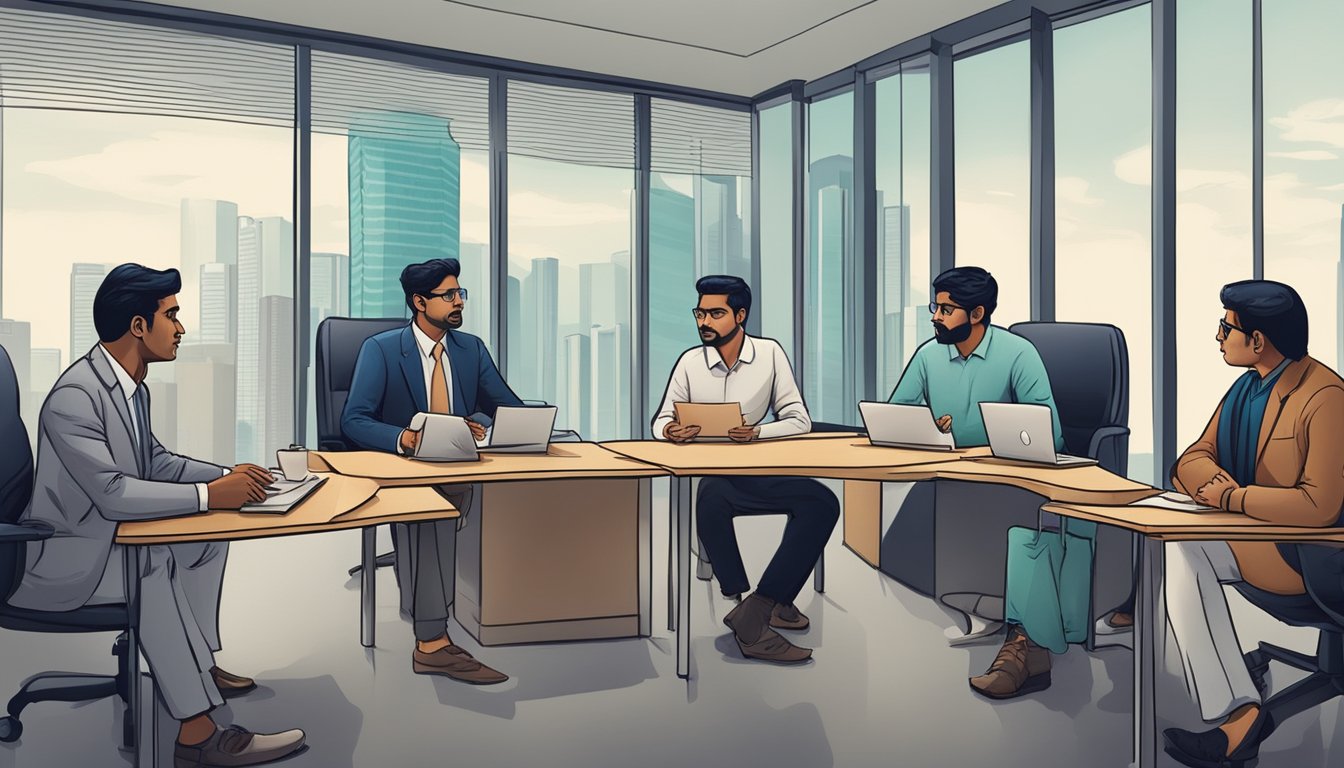 A group of Indian money lenders in Singapore discussing loan terms and interest rates in a traditional office setting