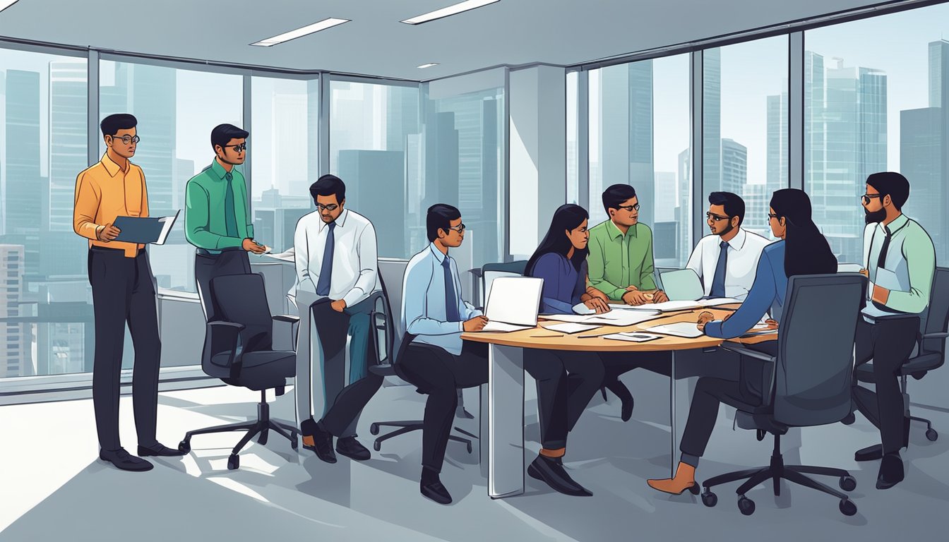 A group of Indian money lenders in Singapore, carefully reviewing documents and discussing risk management strategies in a modern office setting