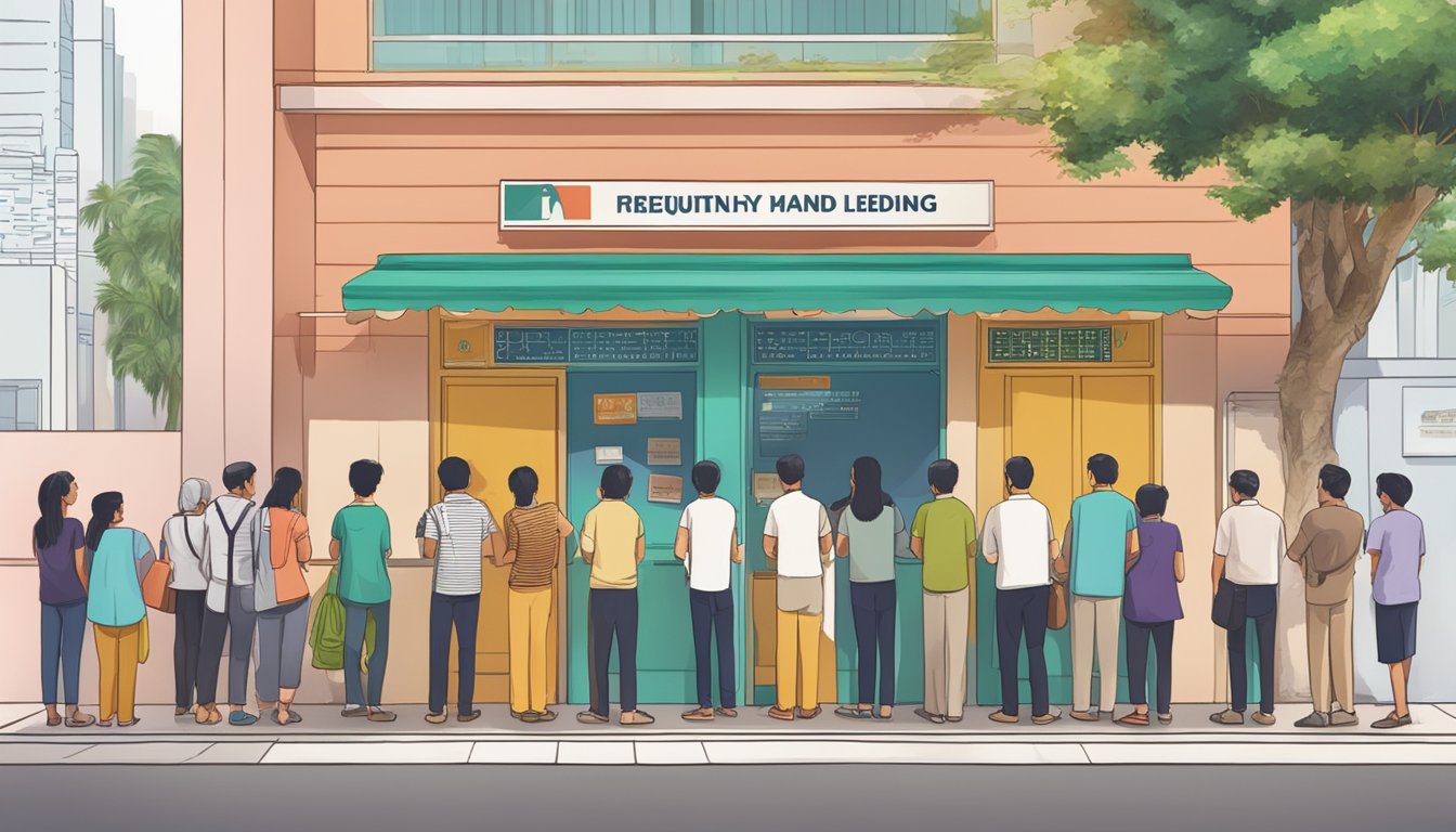 A group of people line up outside a traditional Indian money lending office in Singapore, with signs displaying "Frequently Asked Questions" in multiple languages