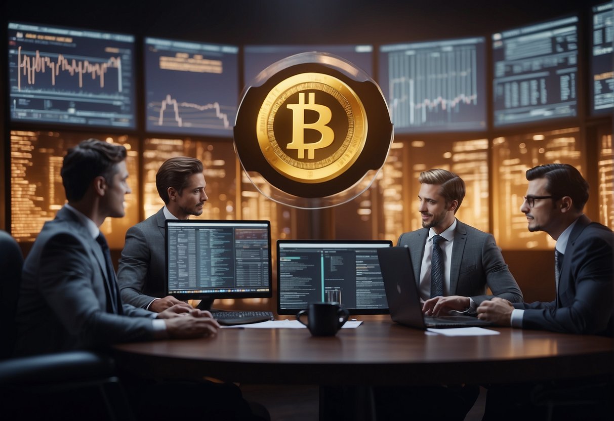 A group of lawyers discussing cryptocurrency law, surrounded by legal documents and computer screens displaying digital currency transactions