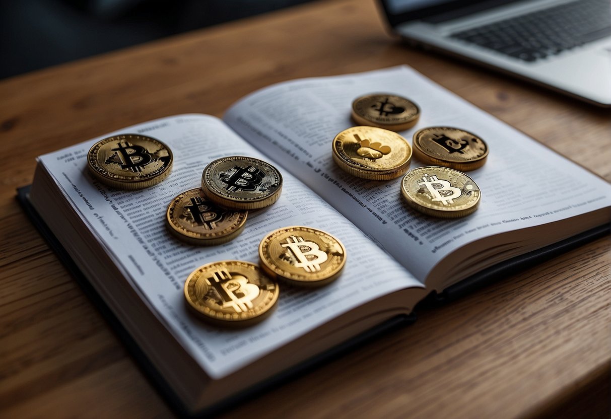 A stack of cryptocurrency guidebooks surrounded by digital currency symbols and charts