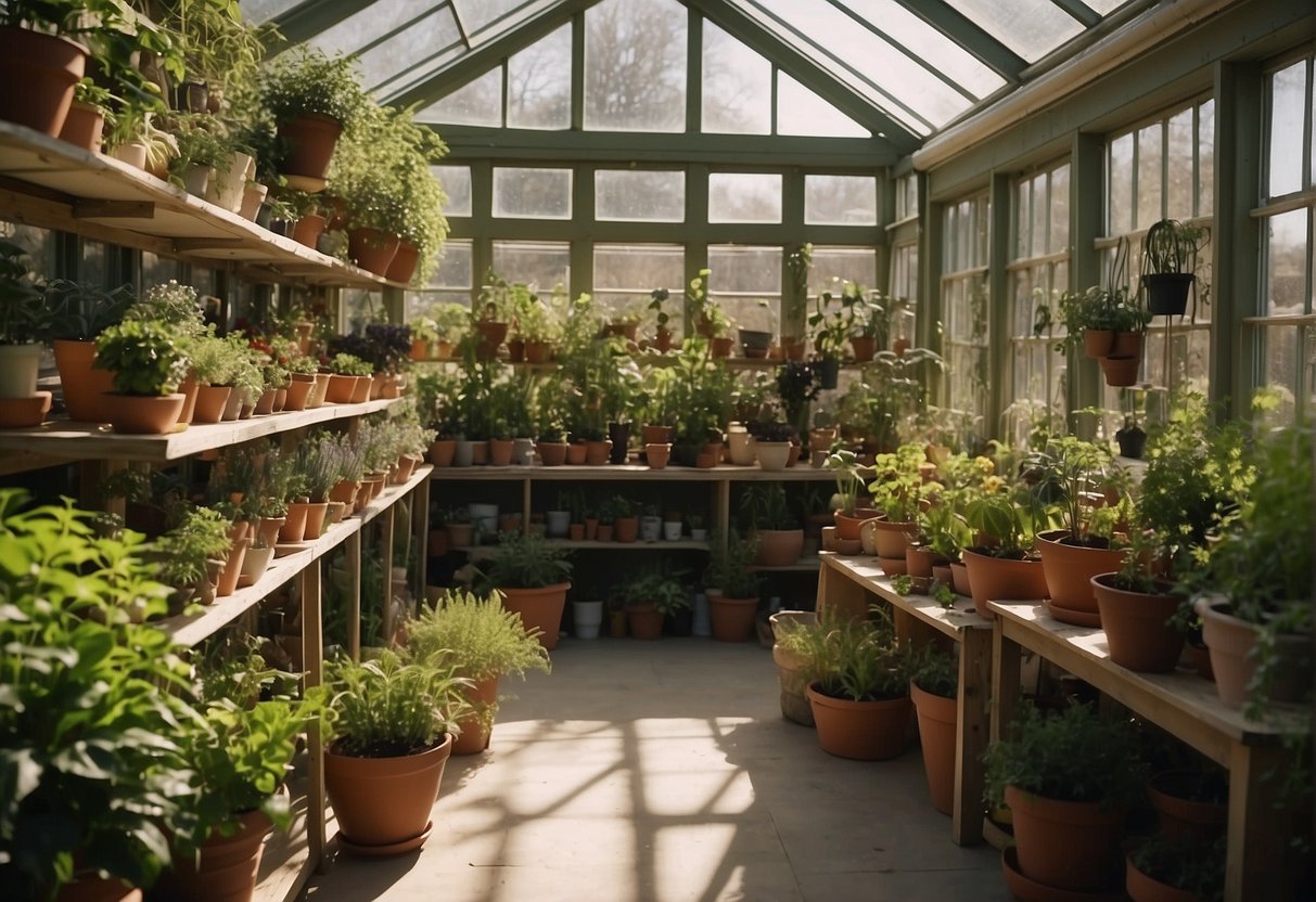 A garden greenhouse is filled with shelves of potted plants, hanging baskets, and a small table for gardening tools. Sunlight streams in through the windows, illuminating the lush greenery