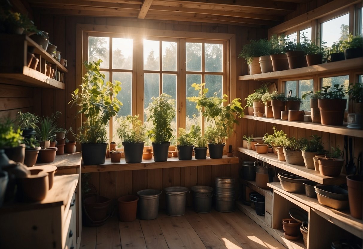 A garden shed with shelves, pots, and tools neatly organized. Sunlight streams through the windows, illuminating the space