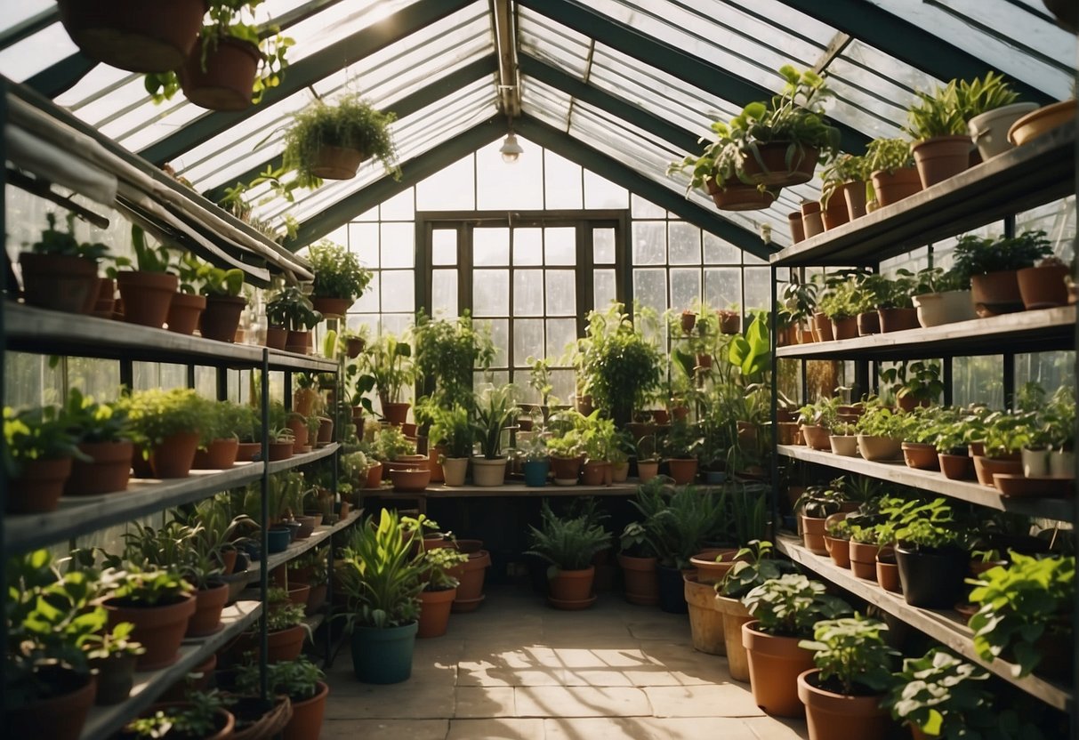 A well-organized greenhouse with shelves, hanging pots, and a variety of potted plants. Sunlight streams in through the glass walls, illuminating the lush greenery