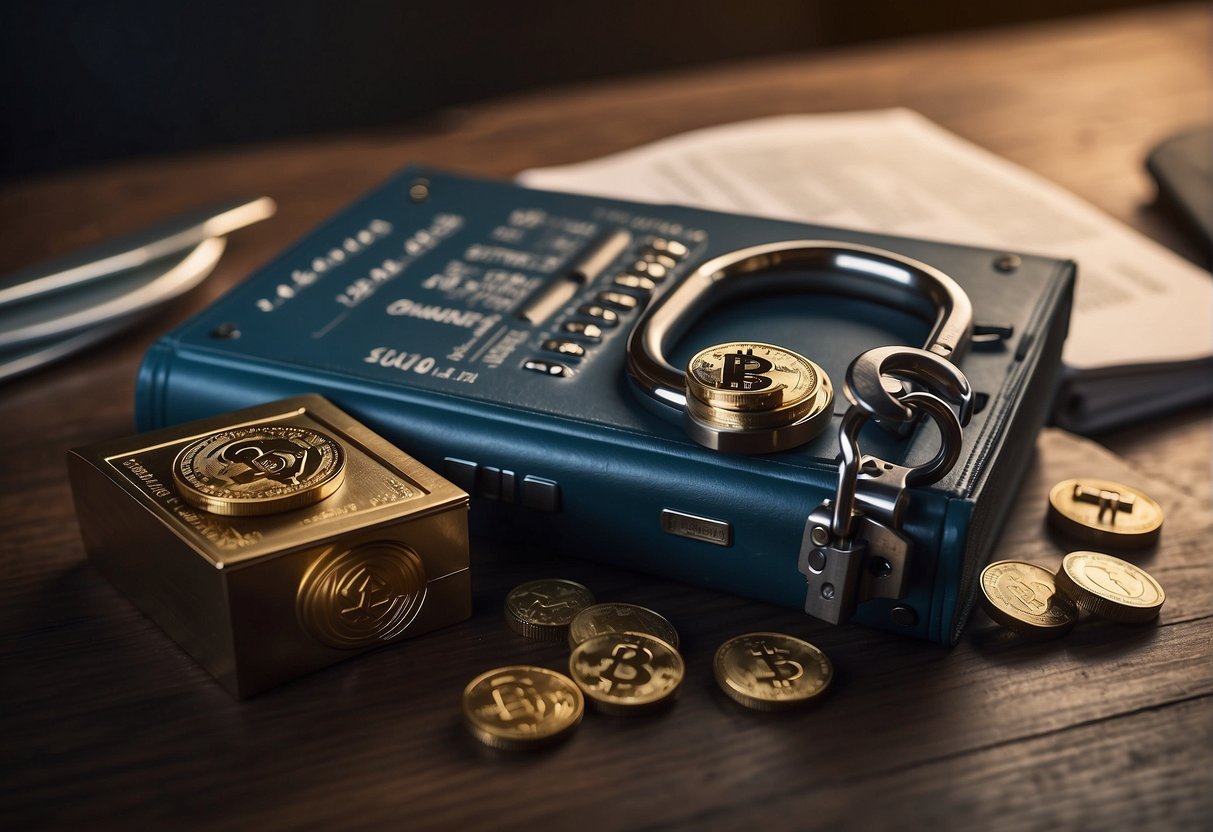 A secure vault with a padlock, surrounded by digital security symbols and a guidebook on best practices for cryptocurrency