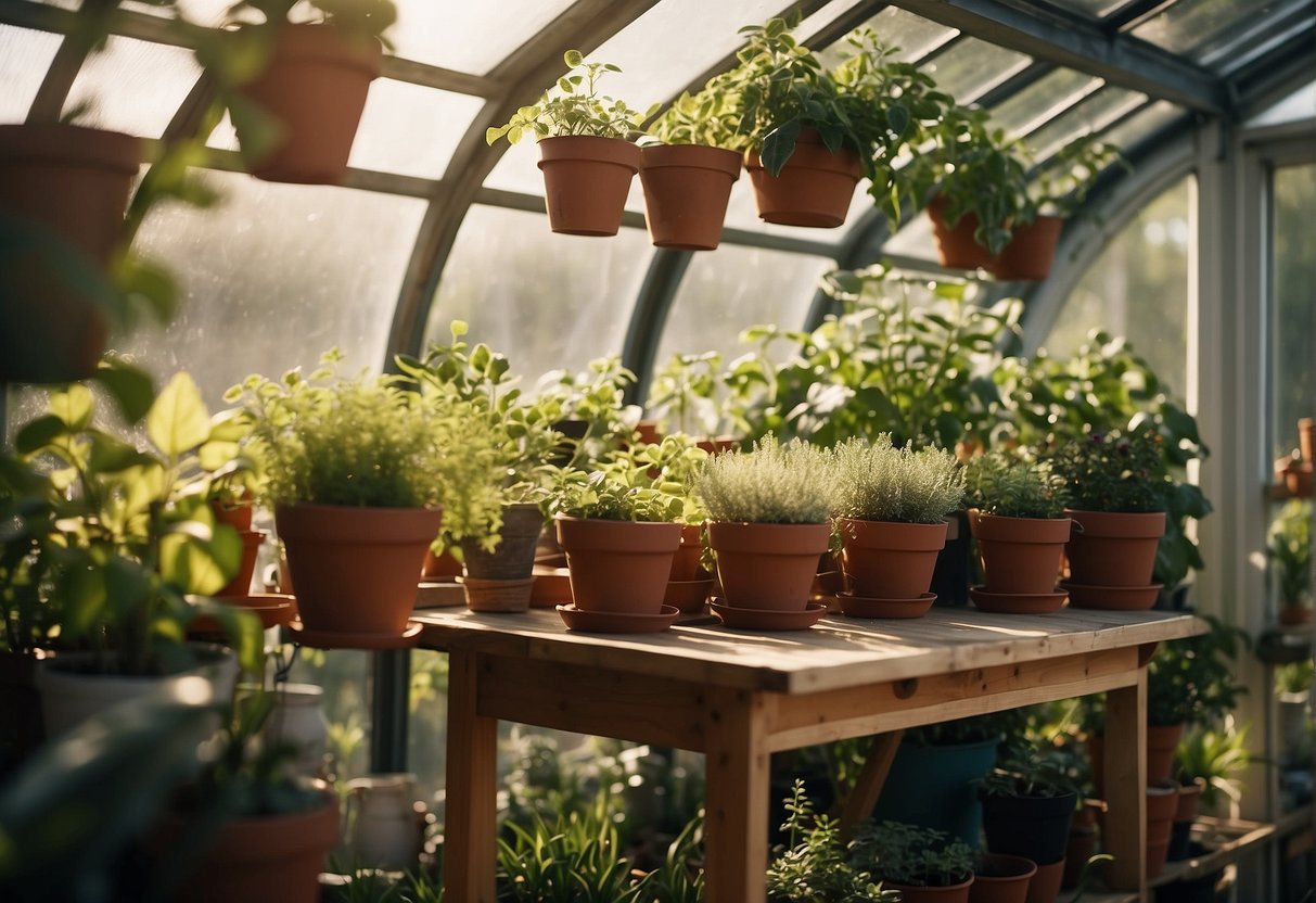 A well-organized greenhouse with shelves, hanging baskets, and potted plants. A workbench with gardening tools and a watering can. Sunlight streaming in through the windows