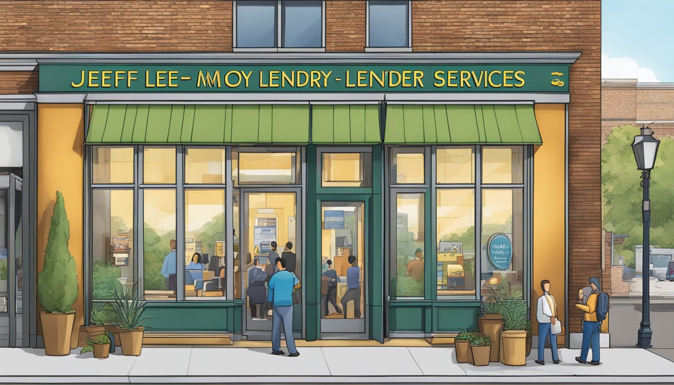 A sign with "Jeff Lee Money Lender Services" hangs above a storefront, with a line of customers waiting to enter. The building has a professional and trustworthy appearance, with a clean and organized interior visible through the windows