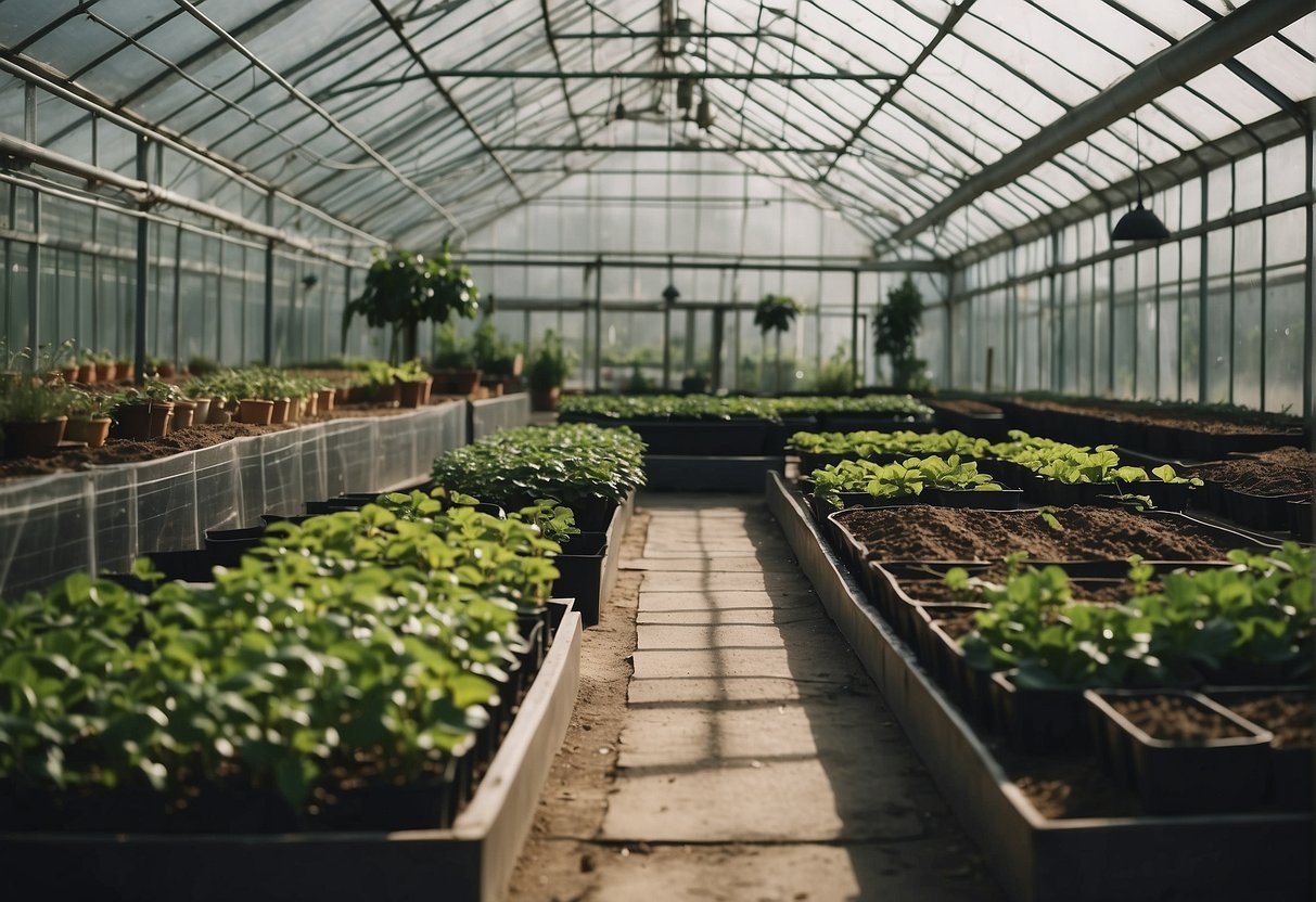 A well-organized greenhouse with proper soil management and plant arrangements