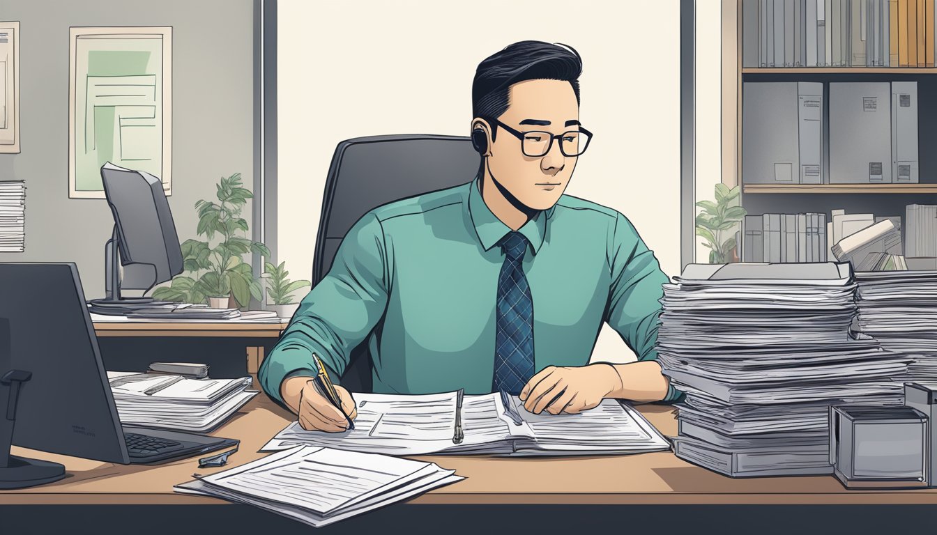 Jeff Lee, a money lender, navigates legal and financial aspects. He sits at a desk, surrounded by paperwork and a computer, deep in thought
