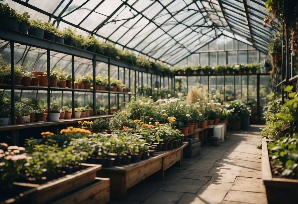 A garden greenhouse with carefully selected and placed plants. Shelves and hanging baskets maximize space