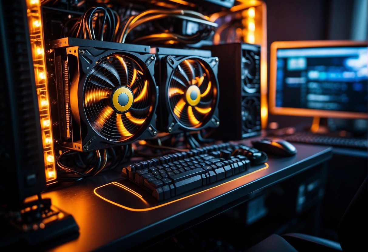 A computer with powerful graphics cards running at full capacity, surrounded by cooling fans and glowing with the intense heat of cryptocurrency mining