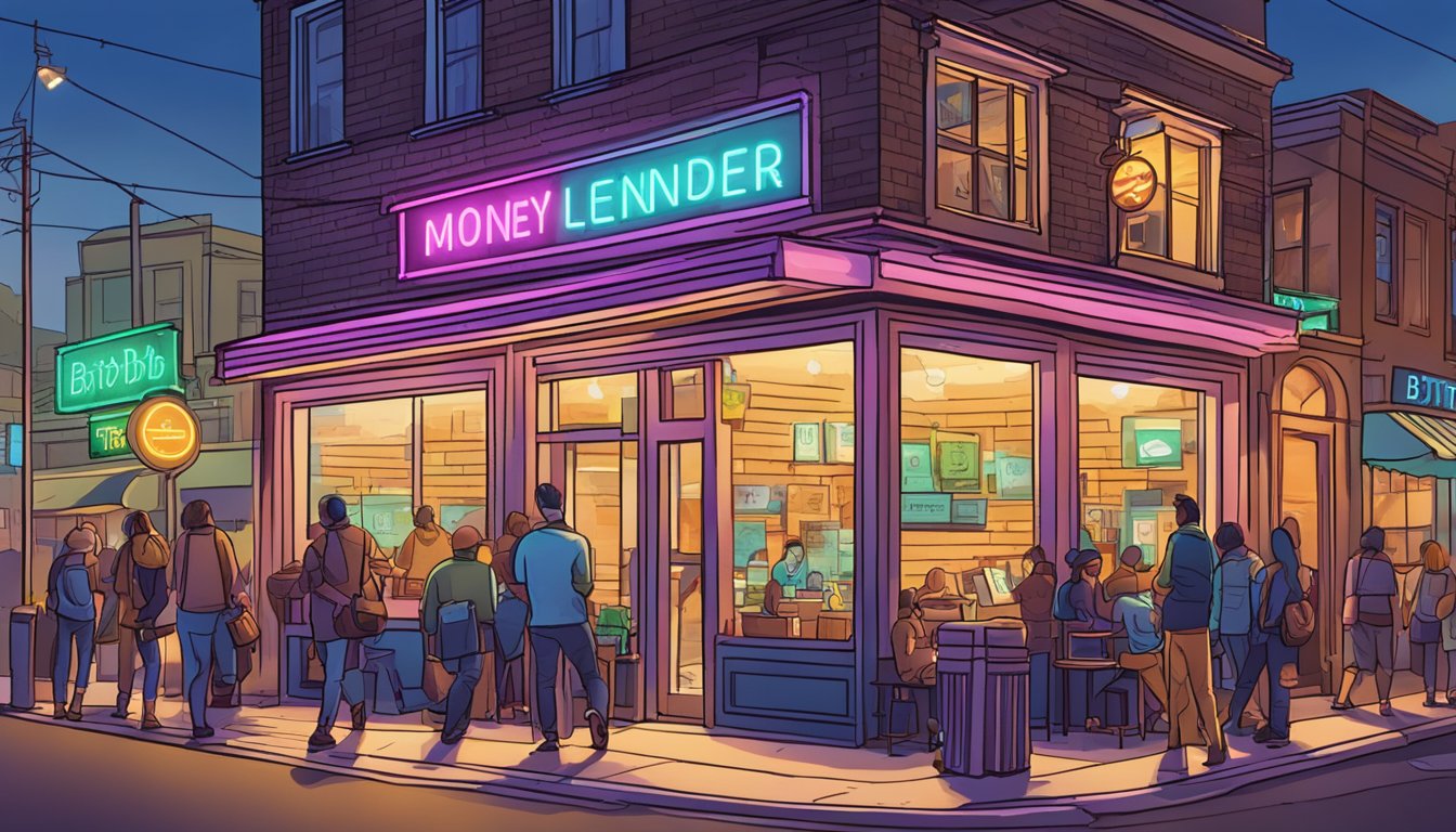 A bustling street corner with a neon-lit sign reading "btb money lender" above a small storefront with people coming and going