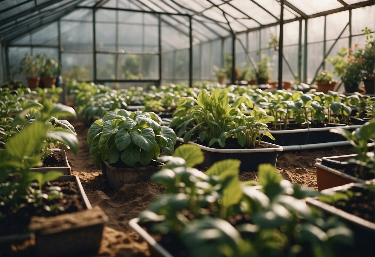 A garden greenhouse with a water irrigation system, plants neatly arranged, and proper drainage