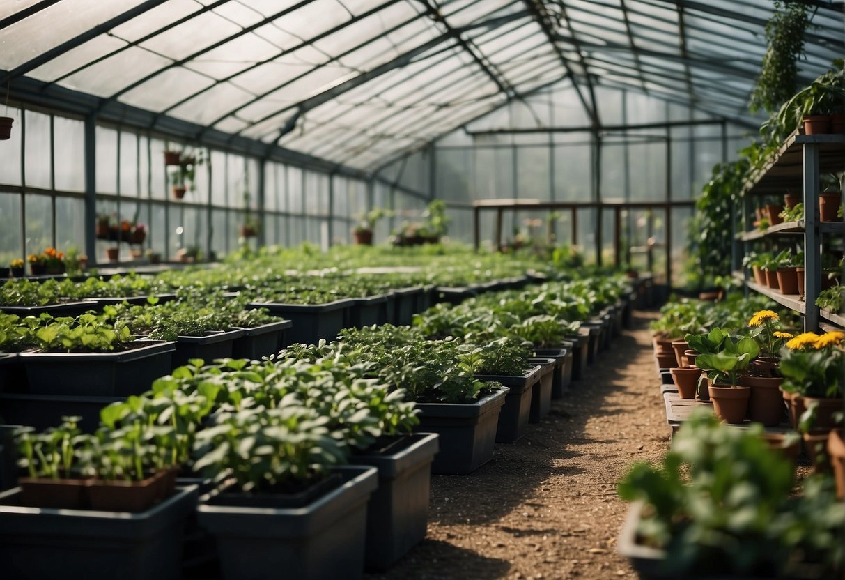 A greenhouse with shelves, pots, and a watering system for optimal climate control