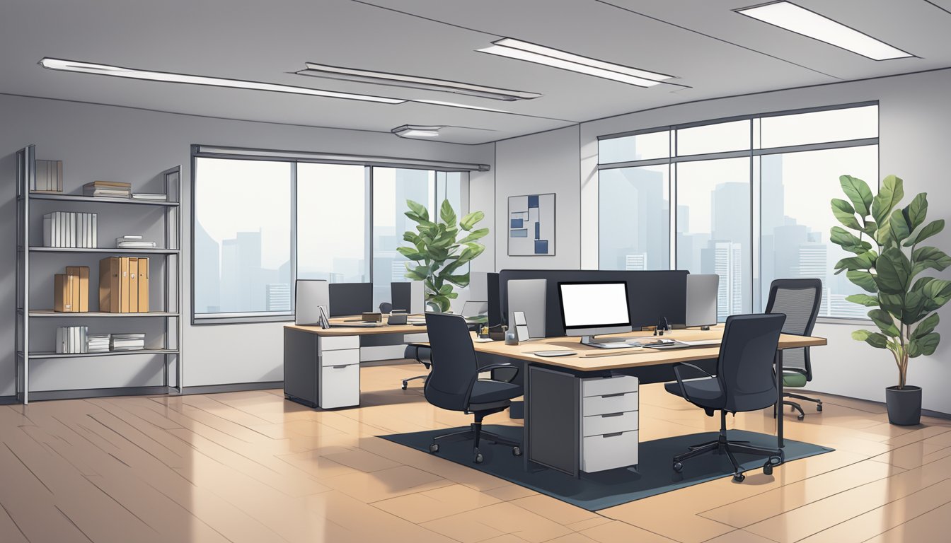 A modern office space with a sleek desk, computer, and a sign reading "BTB Money Lending." A professional atmosphere with clean lines and a minimalist aesthetic
