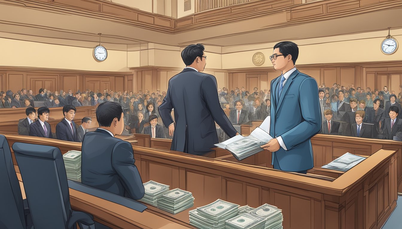 A money lender stands in a courtroom, filing a case in Singapore's legal framework of money lending