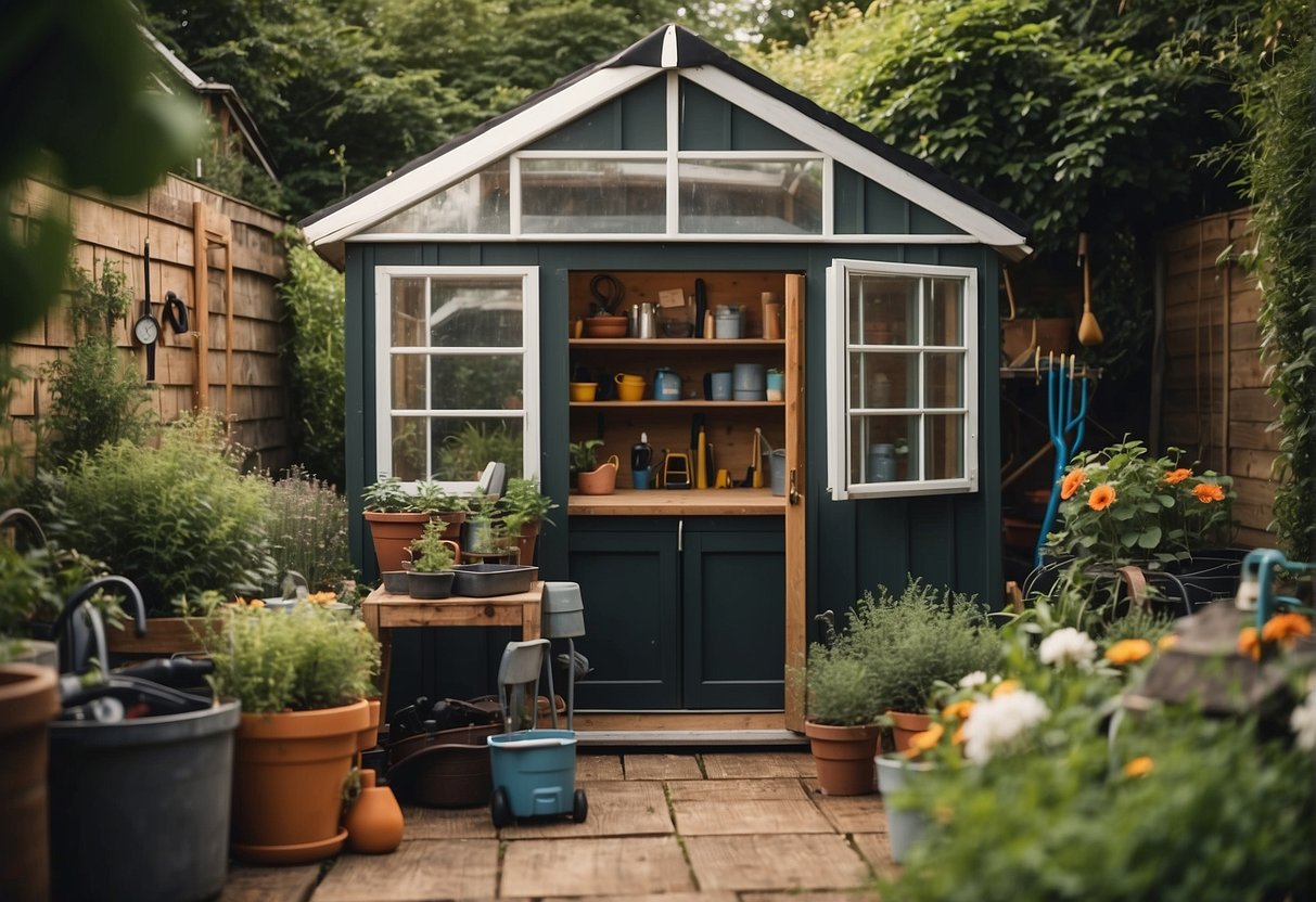 A garden shed filled with tools and accessories for setting up a greenhouse