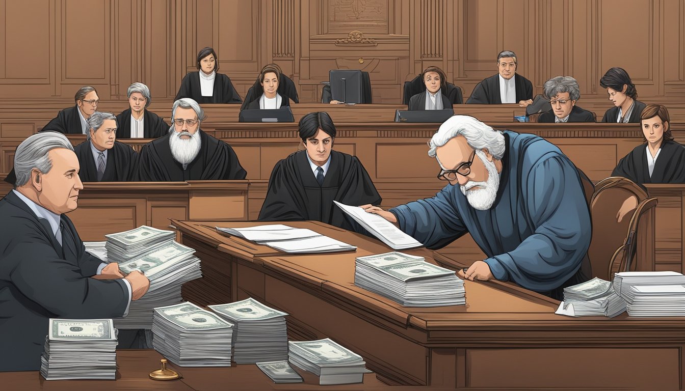 A money lender filing a case in court, surrounded by legal documents and a judge's bench