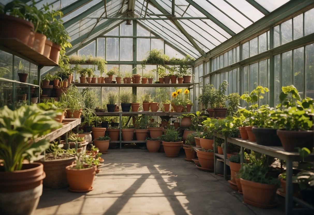 A well-organized greenhouse with shelves, pots, and gardening tools. Bright sunlight filters through the glass walls, nurturing the green plants within