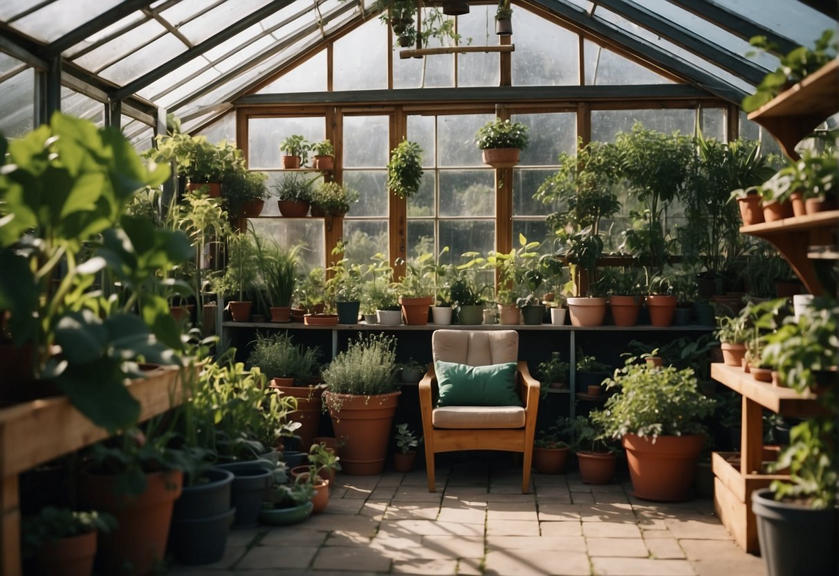 A greenhouse filled with lush plants and gardening tools, with a cozy seating area and shelves for pots and supplies