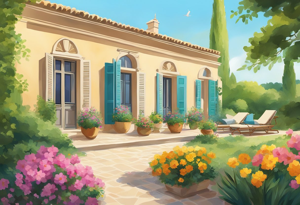 A sunny day in Lecce, with a charming villa surrounded by lush greenery and colorful flowers. The villa features traditional architecture and a spacious outdoor terrace perfect for relaxation