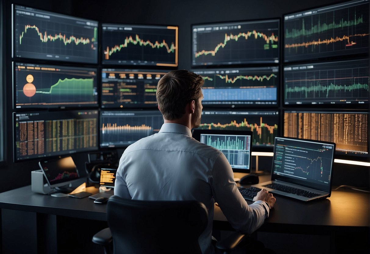 Multiple computer screens display real-time cryptocurrency prices. A person types rapidly on a keyboard, executing trades with lightning speed. Graphs and charts fill the screens, showing potential arbitrage opportunities