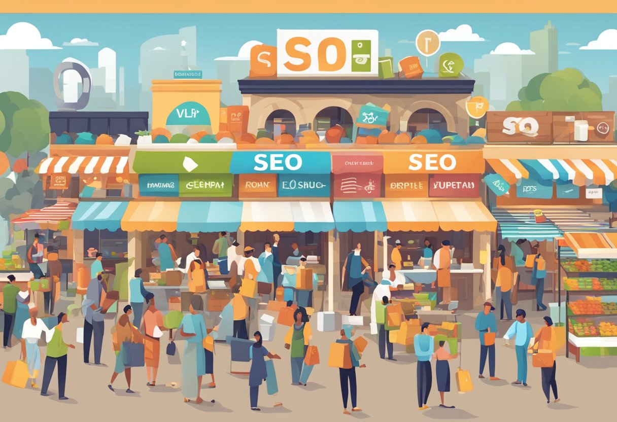 A bustling marketplace with vendors displaying SEO tools. Bright signage and eager customers create a lively atmosphere