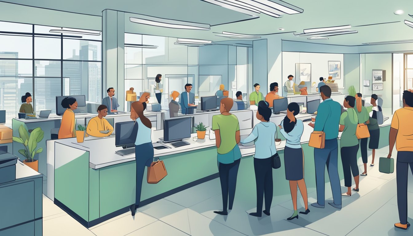 A bustling office with customers lining up at the counter, while a staff member answers questions about loans and interest rates