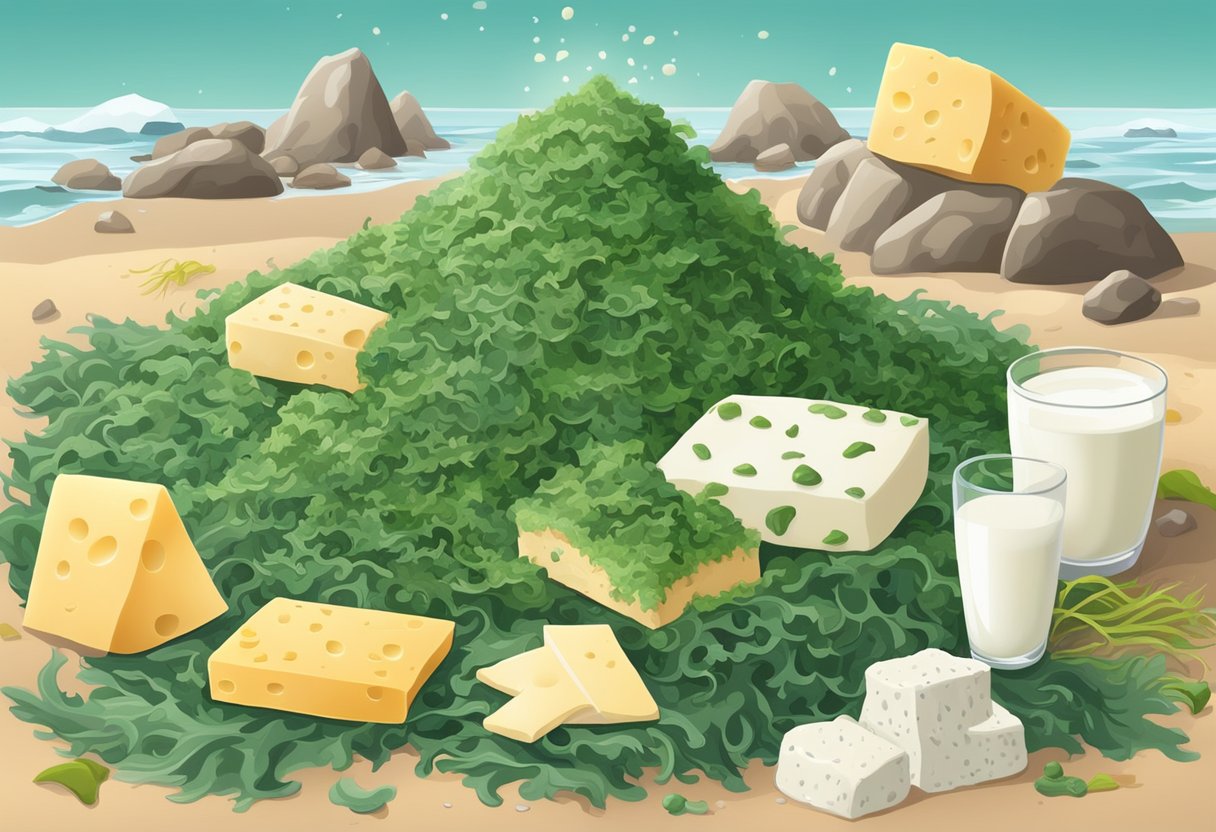 A pile of seaweed surrounded by calcium-rich sources like milk and cheese