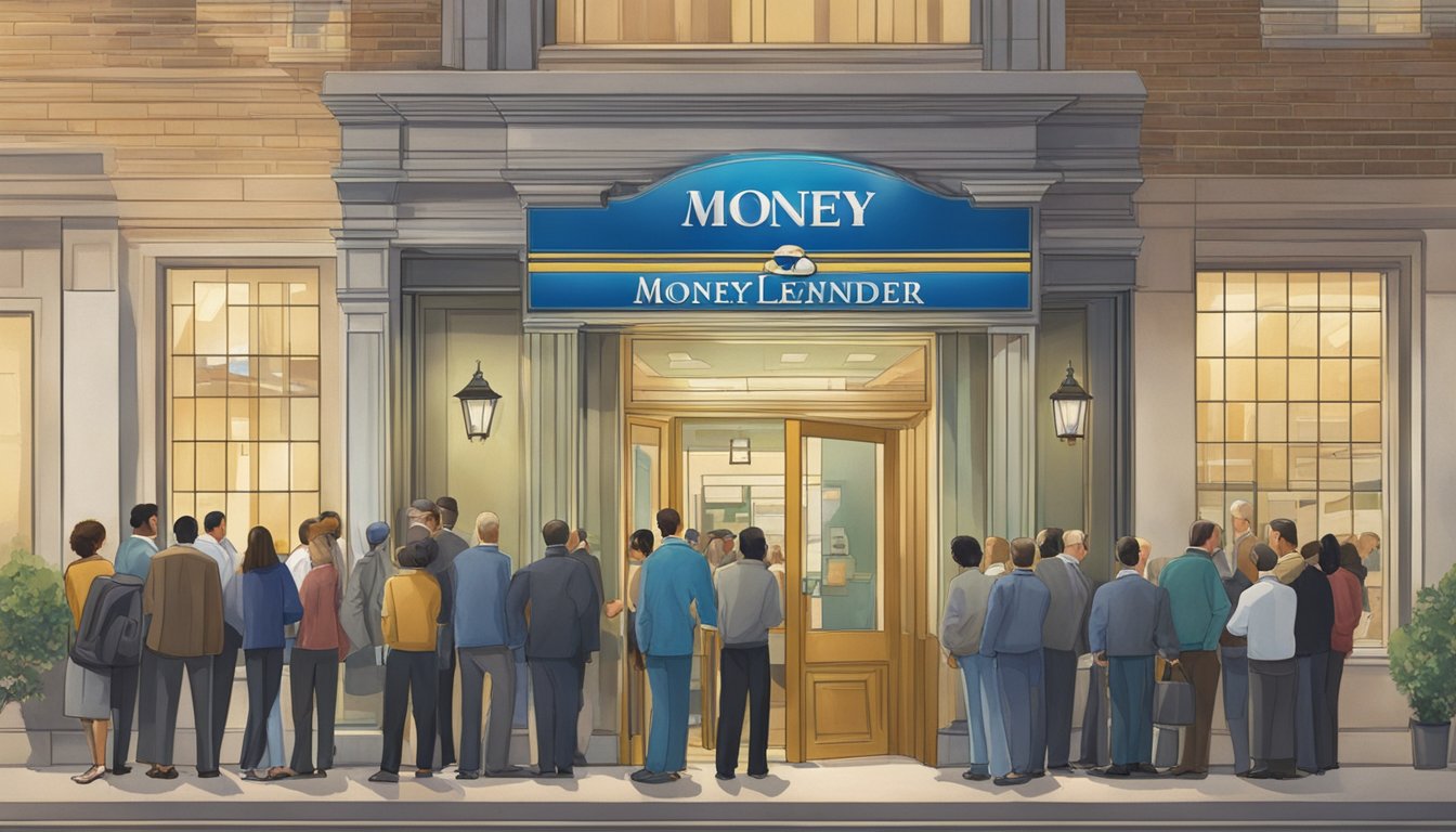 The licensed money lender association sign hung prominently above the entrance, with a line of people waiting outside. The building exuded an air of professionalism and security