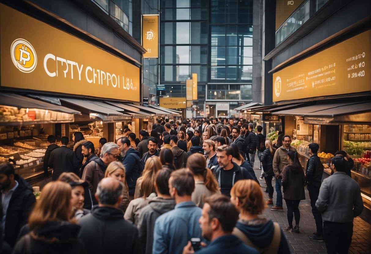 A bustling market with people discussing Pi Crypto. Signs and banners display its benefits. Potential buyers inquire about selling Pi Crypto