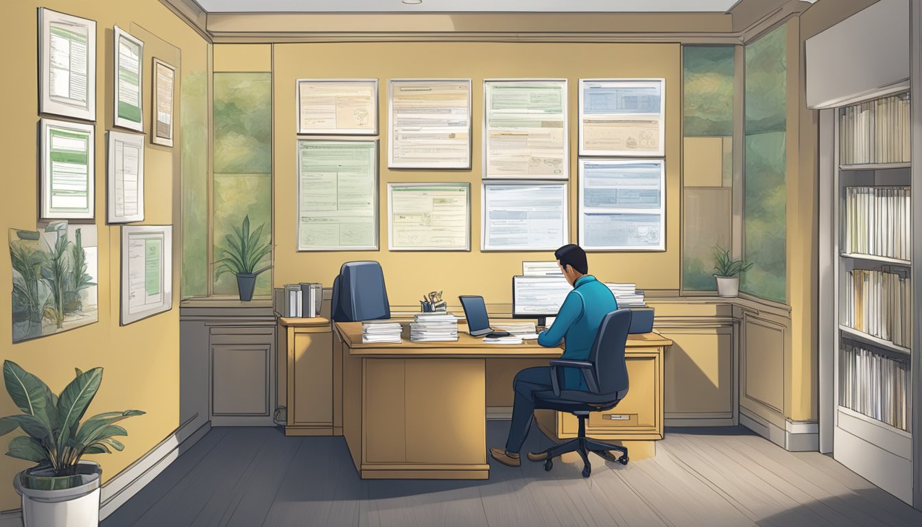 A licensed money lender sits at a desk, displaying their association certification prominently on the wall. A customer fills out paperwork, while the lender reviews documents