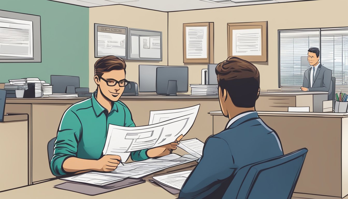 A licensed money lender sits behind a desk, reviewing paperwork. A customer stands nearby, discussing loan terms. The lender's office is neat and professional, with a sign displaying their licensing information