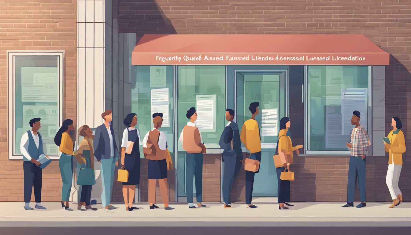 A group of people standing in front of a sign that reads "Frequently Asked Questions licensed money lender association."