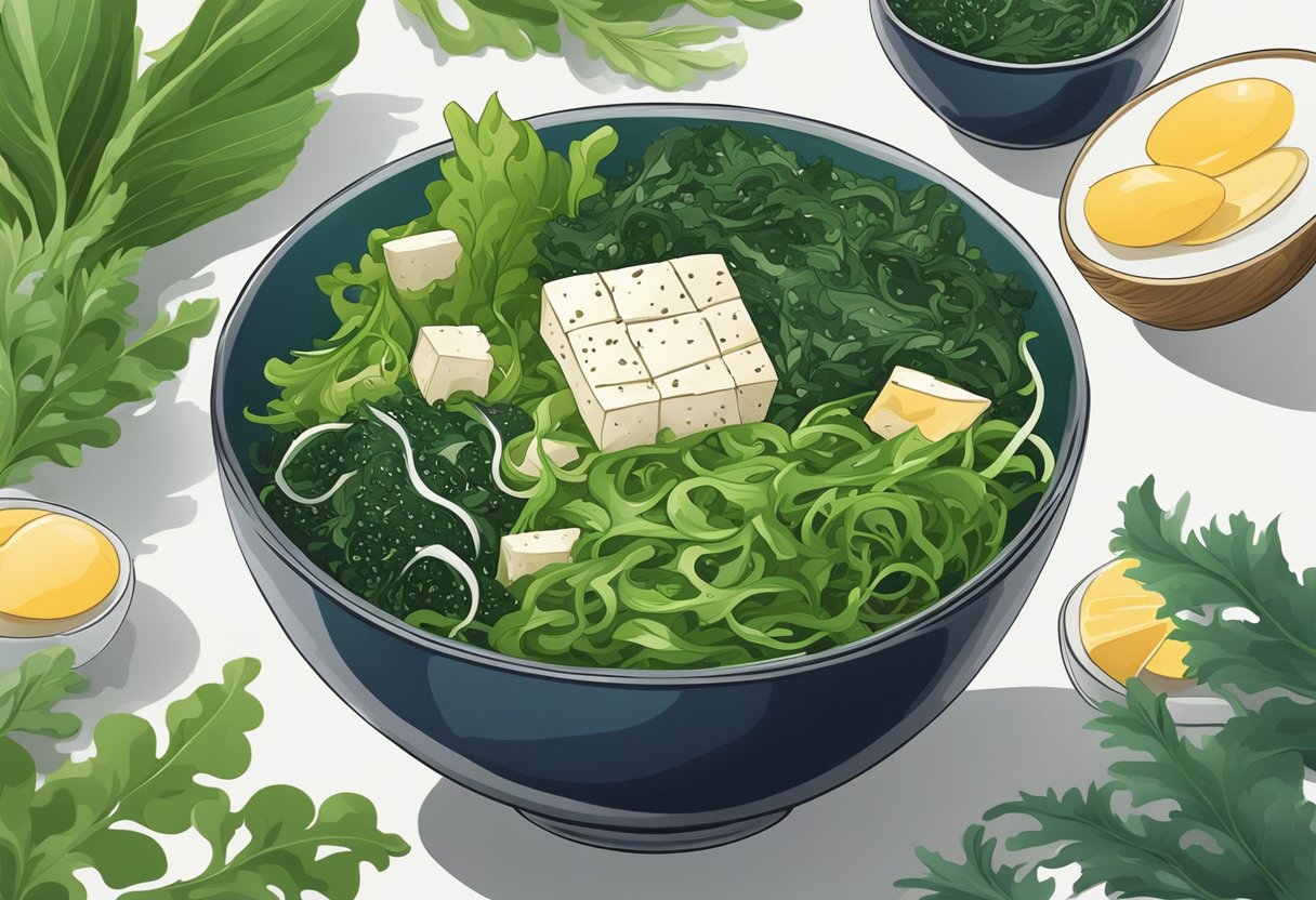 A bowl of seaweed salad with calcium-rich ingredients like tofu and sesame seeds, surrounded by fresh seaweed plants and ocean waves